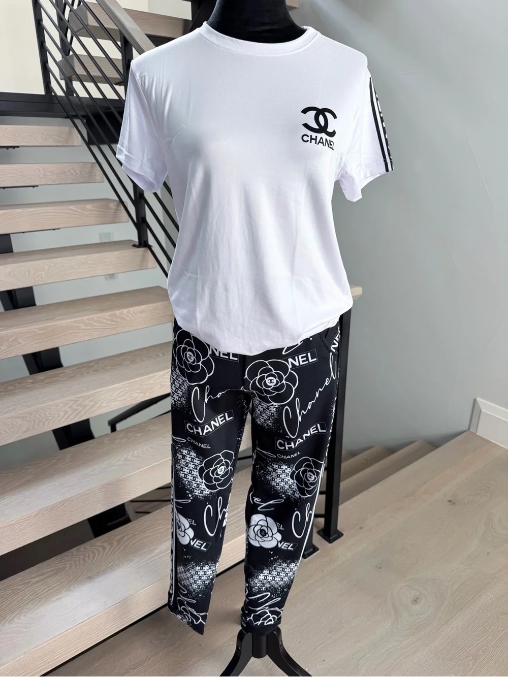 CHANEL White Tee with Black Logo & Black Printed Track Pants size S/M